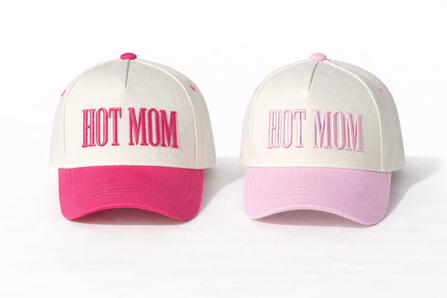 HOT MOM Embroidered Baseball Cap – Pink & Cream Trucker Hat for Moms