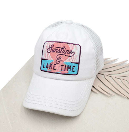 Embroidered Sunshine & Lake Time Patch High Pony Criss Cross C.C Ball Cap