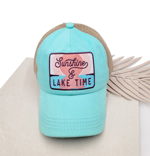 Embroidered Sunshine & Lake Time Patch High Pony Criss Cross C.C Ball Cap