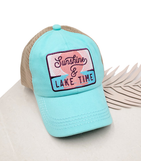 Embroidered Sunshine & Lake Time Patch High Pony Criss Cross C.C Ball Cap