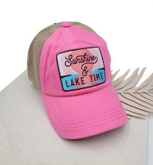 Embroidered Sunshine & Lake Time Patch High Pony Criss Cross C.C Ball Cap