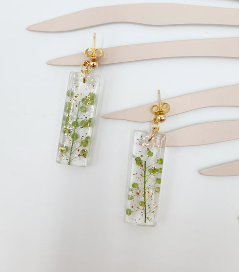 Handmade long fern dangle gold nature inspired earrings