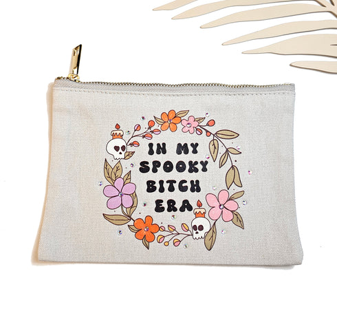 Crystal Spooky Vibes Pouch Makeup Bag, Canvas Bag ,pencil case, holding various things and more.