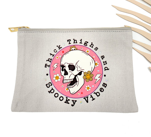 Skeleton Spooky vibes Pouch Makeup Bag, Canvas Bag ,pencil case, holding various things and more.