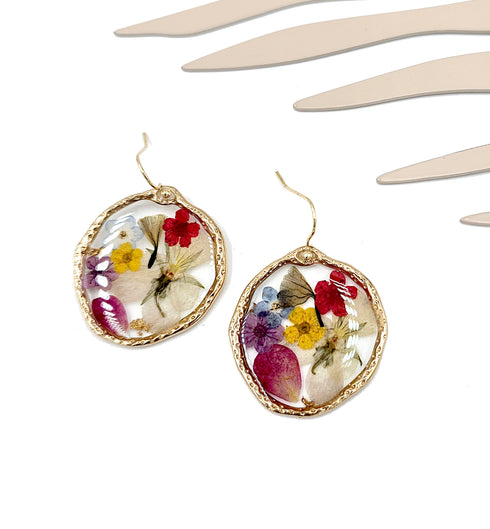 Multi-Color Pressed Flowers Circle Drop Resin Handmade Earrings