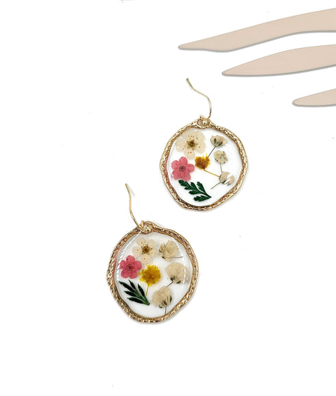 Multi-Color Pressed Flowers Circle Drop Resin Handmade Earrings