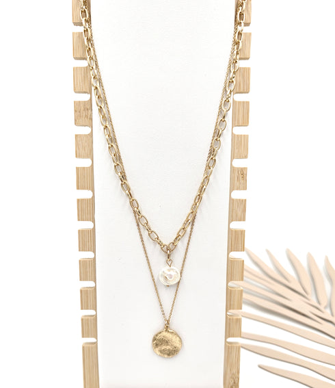 Layered Chain Link Necklace with gold coin pendant natural peal pendant gift for her