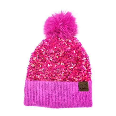 Sequin Fur Pom Beanie C.C Hat
