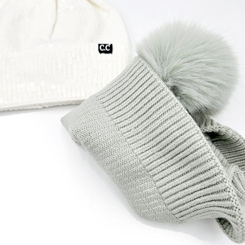 All over Sequin Fur Pom Beanie Hat