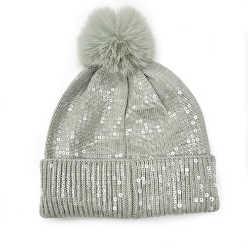 All over Sequin Fur Pom Beanie Hat