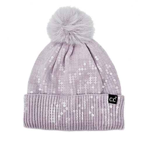 All over Sequin Fur Pom Beanie Hat