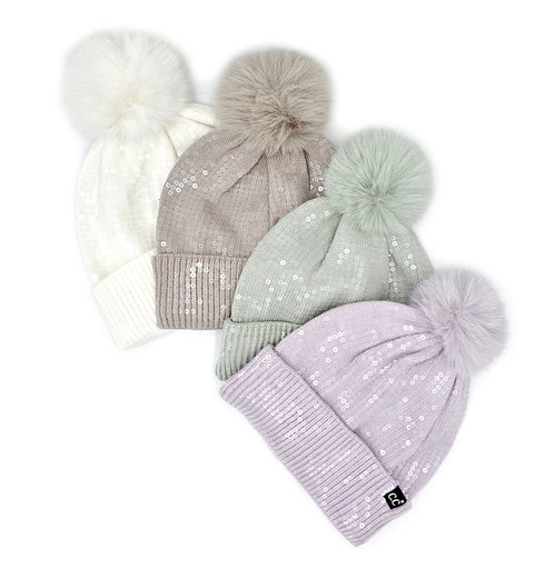 All over Sequin Fur Pom Beanie Hat