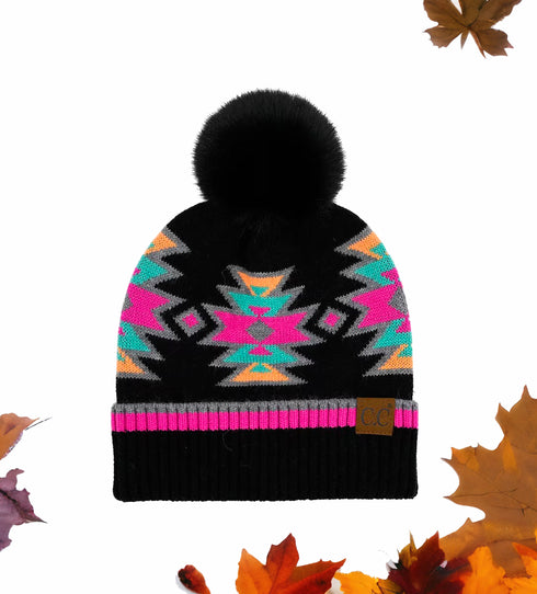 New Aztec Patterned Fur Pom C.C Beanie Hat