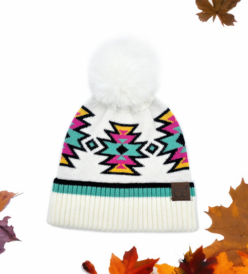 New Aztec Patterned Fur Pom C.C Beanie Hat