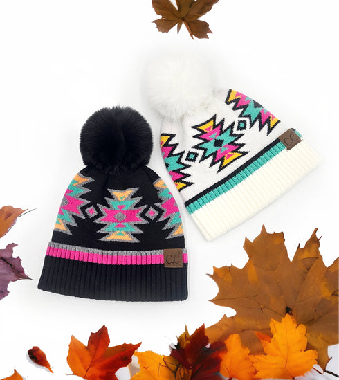 New Aztec Patterned Fur Pom C.C Beanie Hat