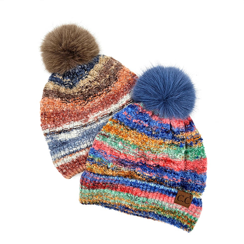 Space Dye Stripe Knit Pom Beanie ,Faux Fur Pom C.C Beanie Hat