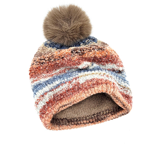 Space Dye Stripe Knit Pom Beanie ,Faux Fur Pom C.C Beanie Hat