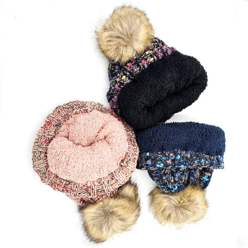 New Fuzzy Lined Popcorn Confetti Fur Pom CC Beanie Hat