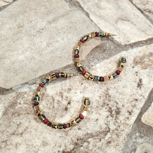 Gold tone beads with square Faceted crystal beads and red beads hoop earrings for her