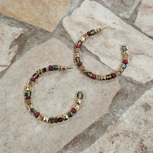 Gold tone beads with square Faceted crystal beads and red beads hoop earrings for her