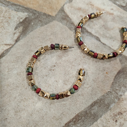 Gold tone beads with square Faceted crystal beads and red beads hoop earrings for her