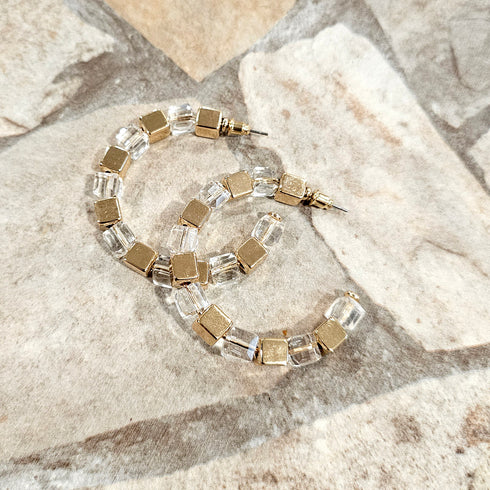 Faceted cut crystal glass Beads with gold Cube accents Hoop Earrings