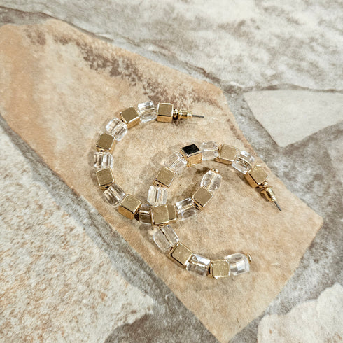 Faceted cut crystal glass Beads with gold Cube accents Hoop Earrings