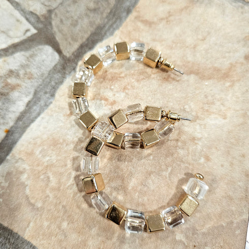 Faceted cut crystal glass Beads with gold Cube accents Hoop Earrings