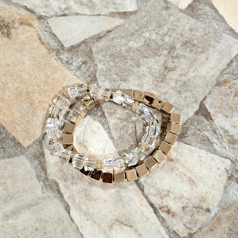 Faceted cut crystal glass Beads with gold Cube accents Stretch Bracelet 2pc Set for her