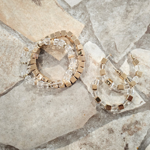 Faceted cut crystal glass Beads with gold Cube accents Stretch Bracelet 2pc Set for her