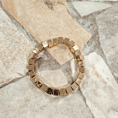 Faceted cut crystal glass Beads with gold Cube accents Stretch Bracelet 2pc Set for her