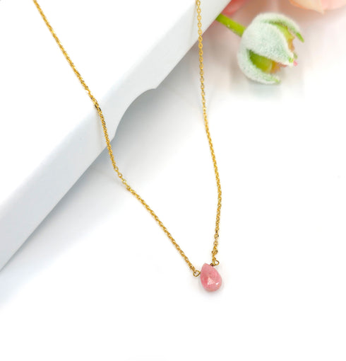 Short Natural Pink Thulite Gemstone Teardrop Shape Briolette Faceted Pear pendent Necklace