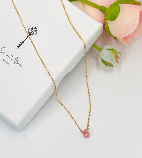 Short Natural Pink Thulite Gemstone Teardrop Shape Briolette Faceted Pear pendent Necklace