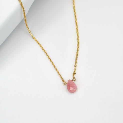 Short Natural Pink Thulite Gemstone Teardrop Shape Briolette Faceted Pear pendent Necklace