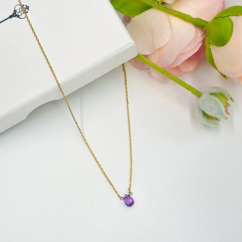 Short Natural Amethyst Gemstone Teardrop Shape Briolette Faceted Pear pendent Necklace