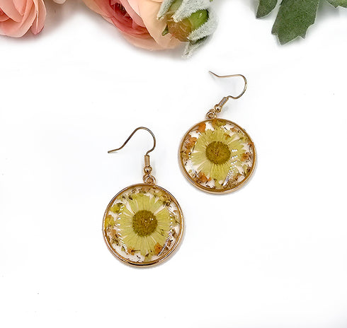 Pressed yellow Flower Botanical circle Dangle Earrings natural jewelry