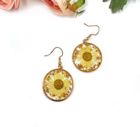 Pressed yellow Flower Botanical circle Dangle Earrings natural jewelry
