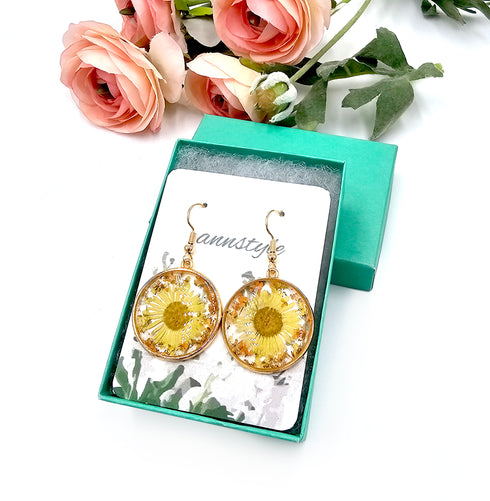 Pressed yellow Flower Botanical circle Dangle Earrings natural jewelry