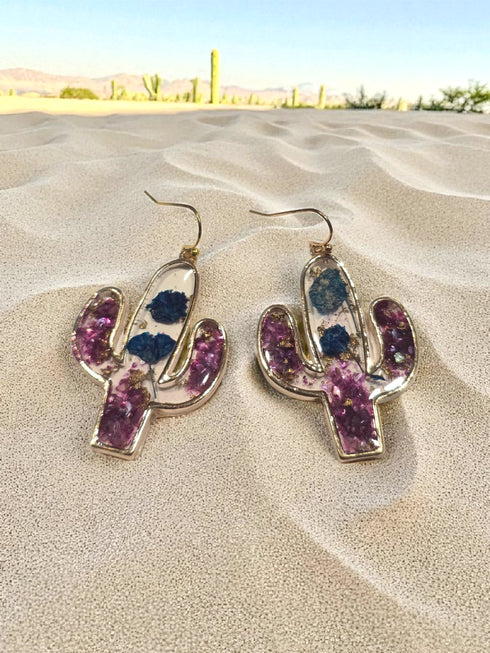 Dried Flower Cactus Frame Handmade Resin Earrings