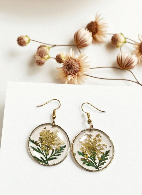 Pressed Flower with gold flakes circle Dangle Earrings