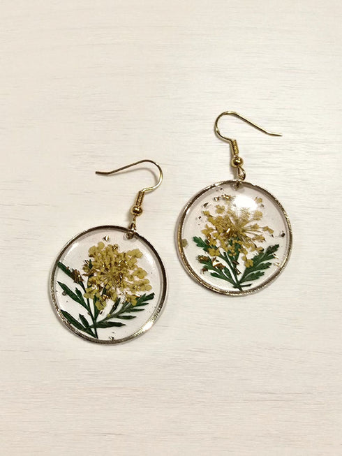 Pressed Flower with gold flakes circle Dangle Earrings