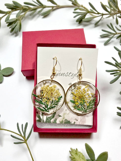 Pressed Flower with gold flakes circle Dangle Earrings