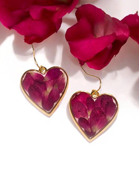 Pressed Rose Petals Heart Dangle Earrings