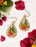 Pressed red Flowers Baby's Breath flower with gold flake dangle earrings