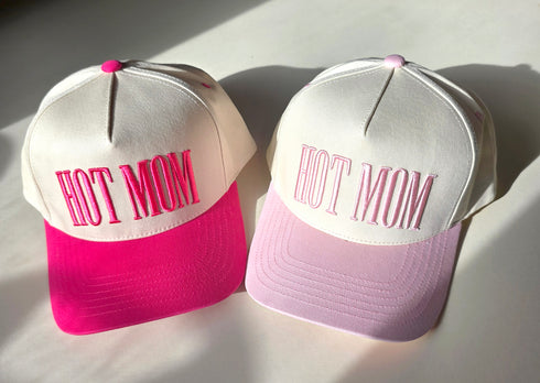 HOT MOM Embroidered Baseball Cap – Pink & Cream Trucker Hat for Moms