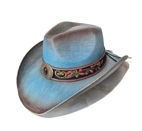 Western Distressed Straw Cowboy Hat Orate Leather Band Blue