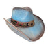 Western Distressed Straw Cowboy Hat Orate Leather Band Blue