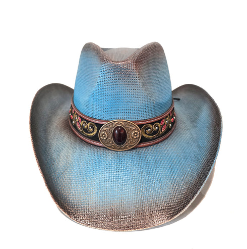 Western Distressed Straw Cowboy Hat Orate Leather Band Blue