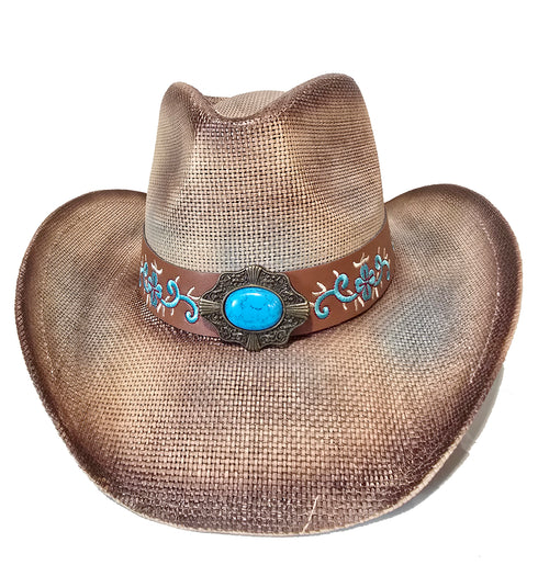 Western Washed Straw Cowboy Hat Turquoise Concho Beige