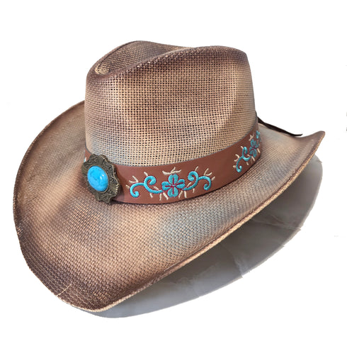 Western Washed Straw Cowboy Hat Turquoise Concho Beige